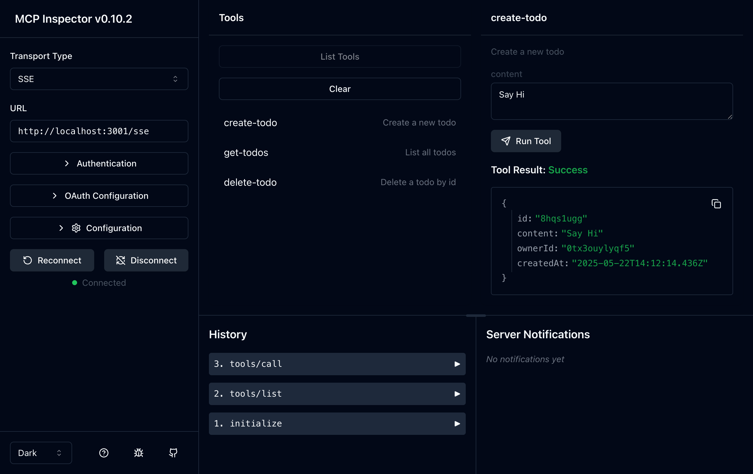 MCP inspector todo manager 工具結果